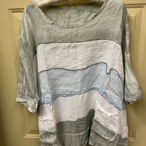 100%  Linen Top - Green and White tie-dyed pattern in pastels